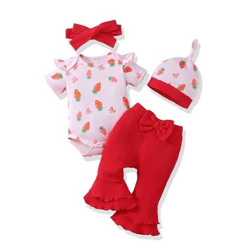 Renotemy Newborn Baby Girl Clothes Infant Romper Spring Summer Outfits Gifts Bell Bottoms Pant Sets for Girls Preemie-12Month