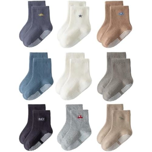 Toddler Grip Socks Non Slip Crew Socks Cute Seamless Cotton Socks for Baby Boys Girls Infants Kids 9 Pairs