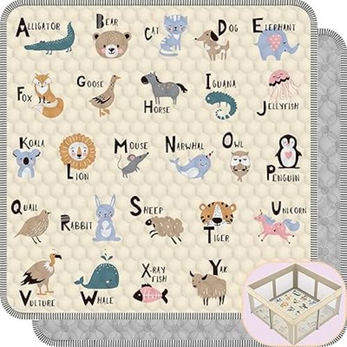 Baby Play Mat for Floor, 50x50 Playpen Mat, Soft Portable, Non-Slip Crawling Mat Machine Washable Foldable Playmate for Babies,Toddlers, Infants Indoor/Outdoor Use, Alphabet & Animal Design