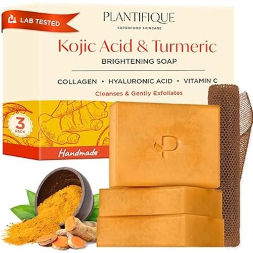PLANTIFIQUE Kojic Acid and Turmeric Soap for Dark Spots, 3 Bars with African Net – Lab Tested – Superfood Soap with Hyaluronic Acid, Collagen, Vitamin C – Face & Body, 8.46 oz