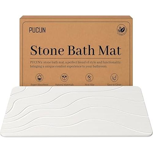 Stone Bath Mat Diatomaceous Earth Non-Slip Shower Mat,Quick Drying Diatomite Bath Stone Mat for Bathroom Floor -Super Absorbent,Natural, Easy to Clean(24 * 16 White)