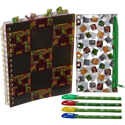 Innovative Designs Minecraft Journal Notebook with Gel Pens, Spiral Bound Notebook and Pencil Case Set, 96 Lined Pages, 8 x 7