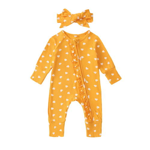 Mikrdoo Newborn Girls Outfit Heart Pattern Long Sleeve Zip-up Romper With Headband 2Pcs Bamboo Fiber Clothing Set for 0-18M