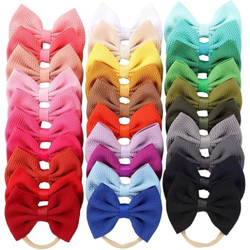 Cinaci 30 Pack Super Stretchy Nylon Hair Bands with Solid Bow Hair Bands Accessories for Baby Girls Infants Toddlers Kids Teens (30 as Shown)