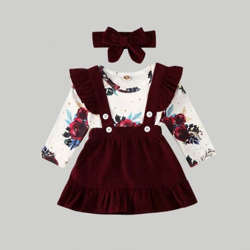 Floral Bodysuit & Suspender Skirt Set with Bow