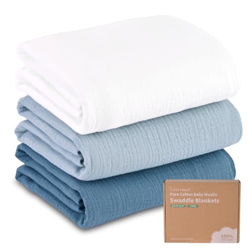 NESTALLY Cocoon Muslin Swaddle Blankets 3 Pack, Blue & White | 100% Cotton, Soft Breathable Large 47"x47", Unisex Newborn Receiving Blankets, Baby Registry & Shower Gifts for Boys Girls