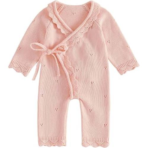 Amazon.com: Kupretty Newborn Girl Outfit Baby Sweater Knit Romper Jumpsuit | Coming Home Outfit Baby Girl Knit Clothes Kimono Wrap Romper Fall Winter Clothes Long Sleeve Side Tie Footless Jumpsuit