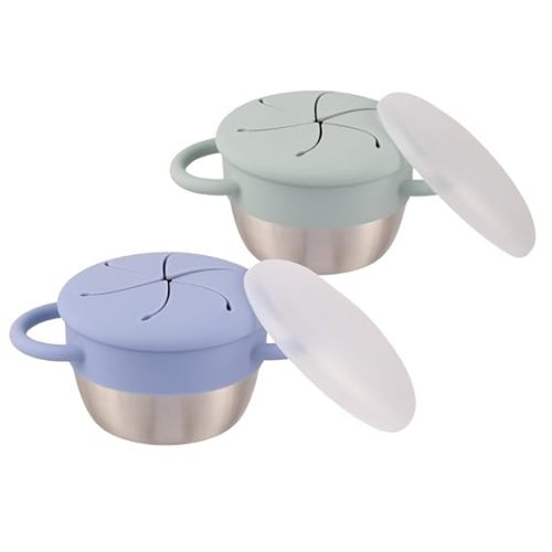 Elk and Friends Stainless Steel Snack Cups | Removable Silicone Food Catcher and Travel Lid | Spill-Proof Snack Containers for Baby, Toddler, Kids | Dishwasher Safe | 2 Pack