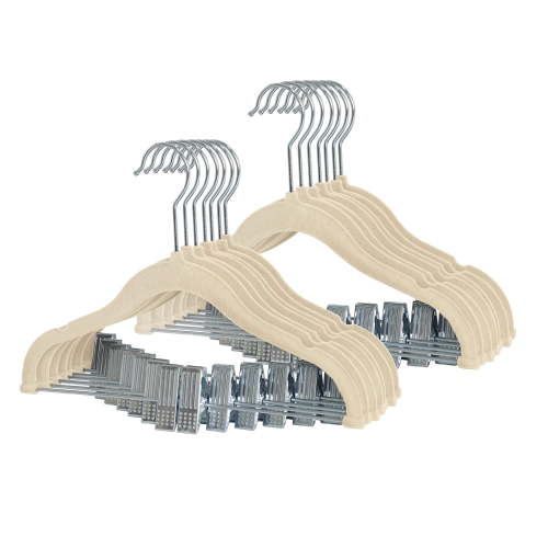 Non-Slip Clothes Hangers for Baby and Kids 20-Pack Velvet Hangers with Movable Clips, Heavy-Duty and Space-Saving for Pants,Skirts, Coat, Beige