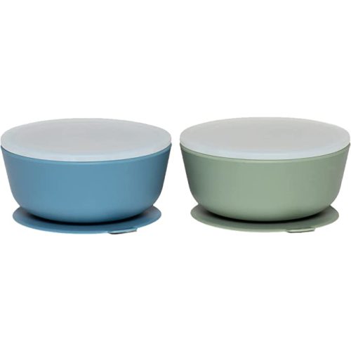 WeeSprout Silicone Suction Bowls for Babies | Leakproof Premium Plastic Lids | Durable for Babies & Toddlers | Extra Strong Suction | Easy-Release Tab | Dishwasher, Microwave & Freezer Safe | Set of 2 - Muted Blue + Muted Green