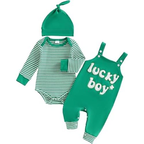 My 1st Easter Baby Boy Outfit Stripe Long Sleeve Romper Bunny Embroidered Overalls Pants Hat Set 3Pcs Clothes