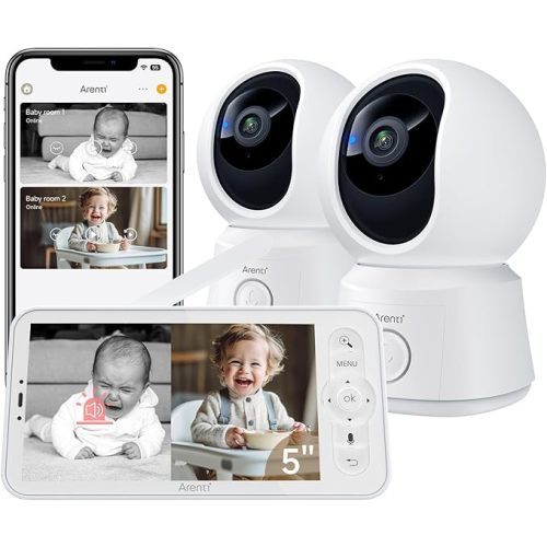 Arenti Baby Monitor 2 Cameras, Smart Baby Camera with 5-Inch Wireless Display, Super Night Vision, Temperature Sensor, Sound Detection, Auto Motion Tracking, 2-Way Audio, VOX Mode(B2 Set)
