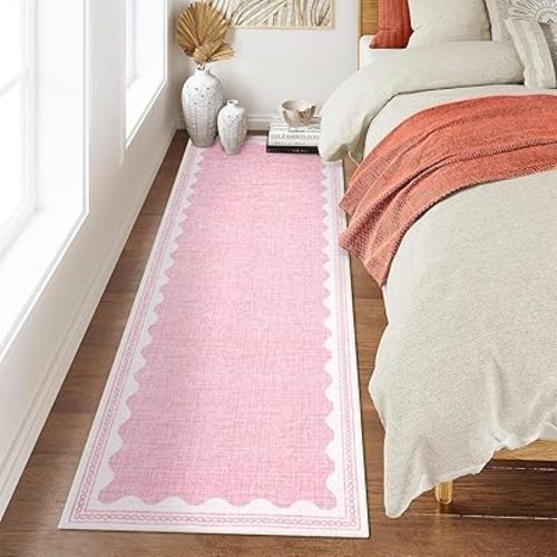 Scalloped Rug 2x6 Runners for Hallways, Solid Pink Runner Rug Non Slip Scalloped Bath Runner, Washable Rugs for Bedroom Girls, Rugs for Kitchen Floor Soft Dorm Nursery Carpet for Bedside