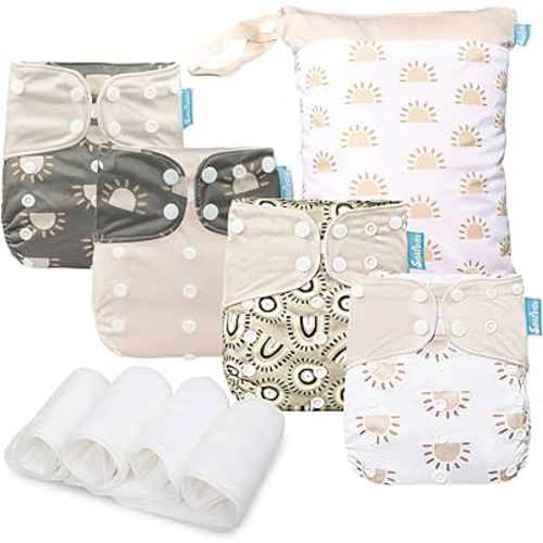 Baby Cloth Diapers Set - 4 Pack with 4 Inserts & 1 Wet/Dry Separation Bag, Reusable Infant Toddler Nappy, Adjustable Pocket Diapers for Baby Boys and Girls (6-33 pounds, 0-3 Years)