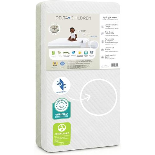 Delta Children Spring Breeze Mattress - Breathable Baby Crib & Toddler Mattress with Cloud Core - Machine Washable Cover - GREENGUARD Gold – Waterproof