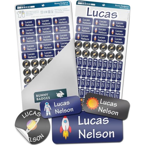Bunny Badges Personalized Daycare Name Labels for Kids (130 Labels) - Custom Waterproof Name Stickers for Clothing Tags, Water Bottles, Lunch Boxes and School Supplies (Space)