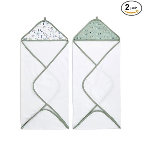 aden + anais Aden Classic Hooded Baby Bath Towel, Super Soft 100% Cotton, 2 Pack, Dinotime