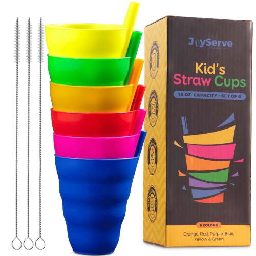 JoyServe 6-Pack Kids Cups with Straws – BPA-Free Plastic Tumblers with Easy-Grip Design for Toddlers and Children