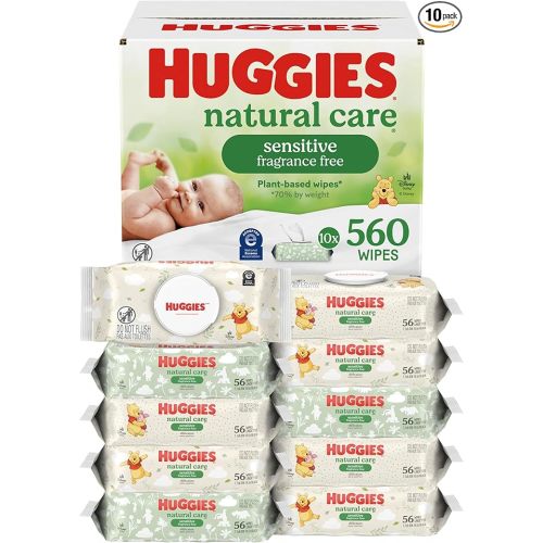 Huggies Natural Care Sensitive Baby Wipes, Unscented, Hypoallergenic, 99% Purified Water, 10 Flip-Top Packs (560 Wipes Total)