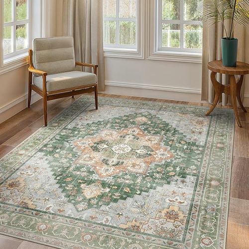 GENIMO 8x10 Area Rugs for Living Room, Machine Washable Non Slip Vintage Rugs, Low Pile Lightweight Chenille Print Rug for Bedroom, Dining Room, Home Office, Sage Green