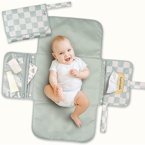 Tiny Twinkle Portable Diaper Changing Pad | Waterproof, Wipeable & Compact Baby Changing Pad for Travel | Smart Wipes Pocket & Organized Storage| Newborn Shower Gift (Sage Checkers)