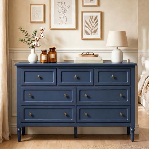 May in Color Blue 7 Drawer Dresser, Vintage Wood Dresser Chest, Storage Cabinet, Storage Sideboard with Antique Bronze Knobs, Anti‑Tip Device for Bedroom, Living Room