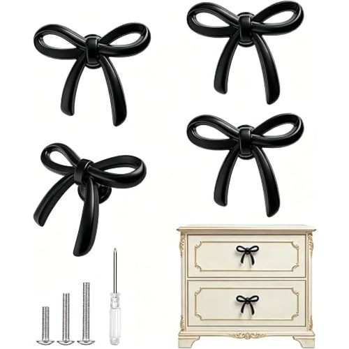Gold Cabinet Knobs, Brushed Bow Drawer Pulls, Gold Knobs for Dresser Drawer Cupboard Furniture Closet Wardrobe Door Knobs Handles (Black-Bow Shape)