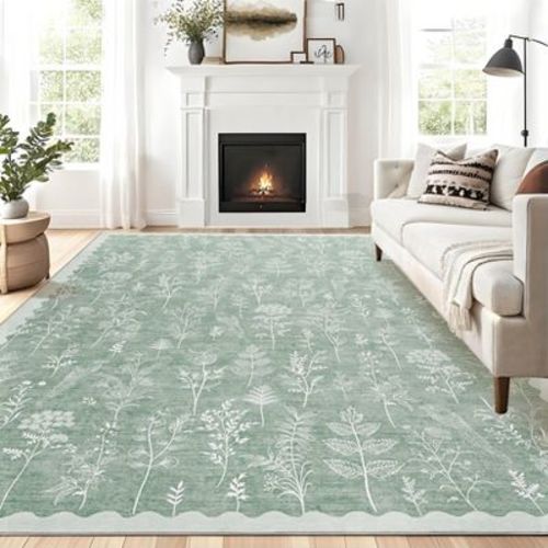 Washable Area Rugs for Living Room, Scalloped Floral Bedroom Rug, Non-Slip Stain Resistant Dining Table Carpet, Botanical Large Rug Neutral Carpet
