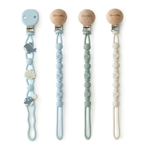 Moonkie Silicone Pacifier Clips for Baby – Durable One-Piece Binky Holder, Mixed Styles Paci Clips, Baby Essentials for Newborn Boys & Girls - 4 Pack (Sea Whispers)