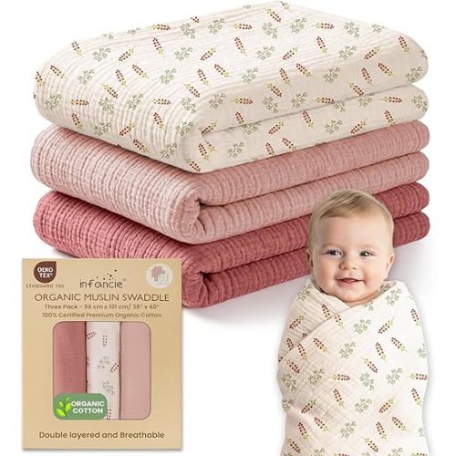 Organic Cotton Muslin Baby Blanket 3 Pack - Breathable Swaddle, Hypoallergenic Double-Layer, Versatile Use (Pink, Floral, Rust, 38x40 Inch)