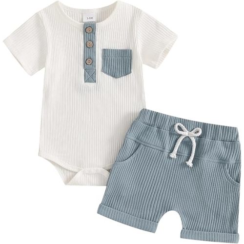 fhutpw Baby Boy Clothes Short Sleeve Romper & Shorts Sets Newborn 3 6 12 Months Summer Knitted Ribbed Splicing Color Outfits