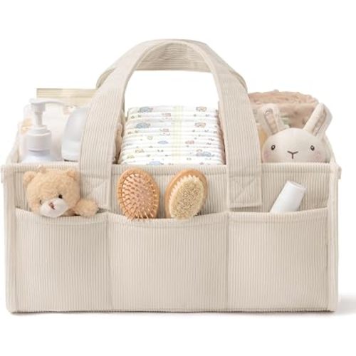 Corduroy Baby Diaper Caddy Organizer with Handles, Nursery Storage Basket