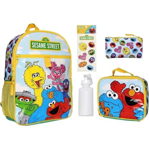 INTIMO Sesame Street Group Cookie Monster Elmo Big Bird 5 PC Mega Set Backpack Lunch Box Pencil Pouch Waterbottle Stickers 16"