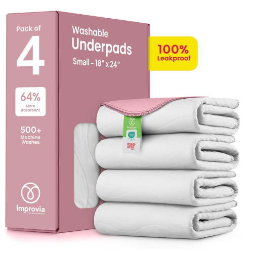 IMPROVIA Washable Bed Pads Heavy Absorbency Reusable Incontinence Pads, 18" x 24” 4-Pack (white & pink)