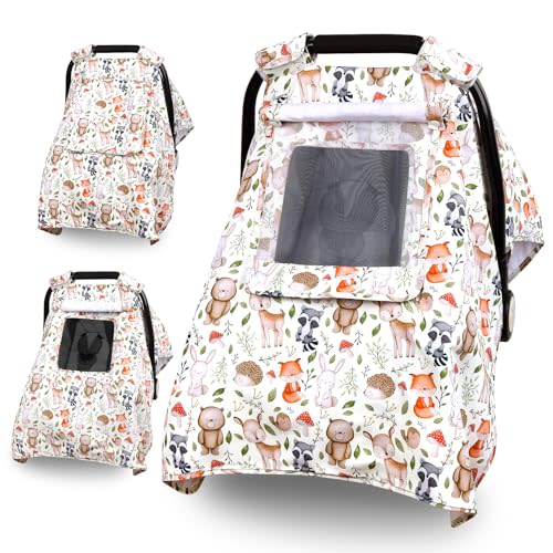 Bnditeu Baby Car Seat Cover, Infant Carseat Canopy with 3 Layers Windows, Breathable Mesh Peep Window, Kick-Proof Carrier Cover for Boys Girls, Windproof Stroller Cover Shower Gift for Newborn