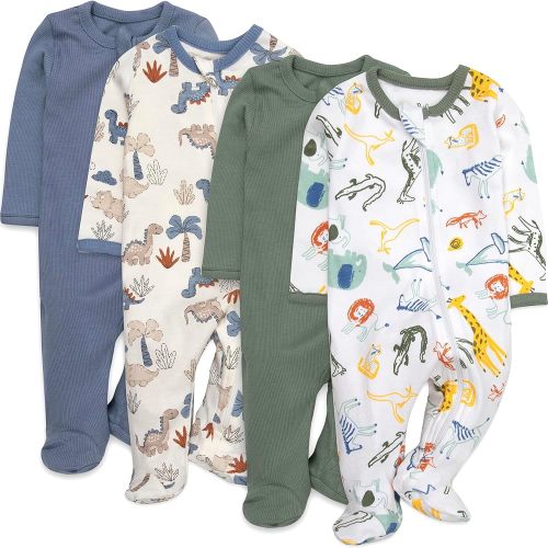 Baby Boy Essentials 4 Piece Patterned & Solid Pack Footies Sleep and Play Baby Outfit Clothes (Boys 4 Piece Dinosaurs, Jungle Animals & Solid Pack, 0 Month)