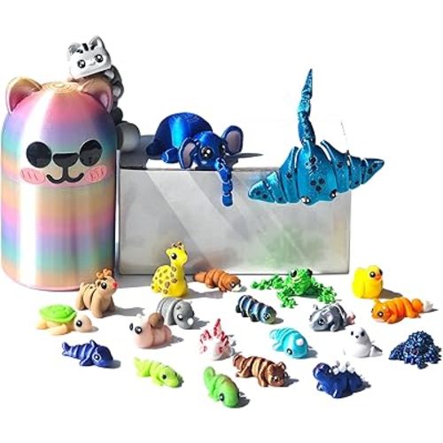 22PCS 3D Printed Mini Animal Set, 20pcs + 1Random Pet + 1 Gift Box, Cute 3-D Print Fidget Animals Executive Desk Decoration, Gradient Silk Rainbow