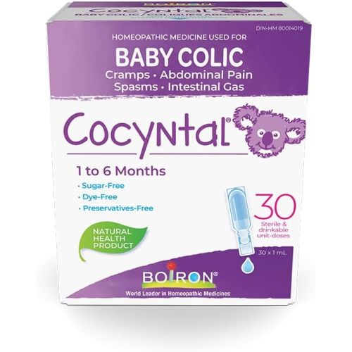 Boiron Cocyntal 30 unit-doses used for infant colic: abdominal pain, cramps, spasms and intestinal gas. Age: 1 to 6 months. Day and Night use.