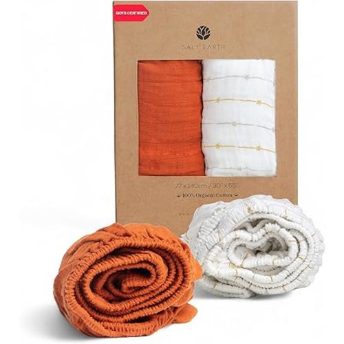 Salt Earth 100% Organic Cotton Muslin Standard Fitted Crib Sheet for Boys, Girls & Toddlers – 52"x28", 2 Pack Soft Breathable Natural Cotton Mattress Bed Sheets, Neutral Crib Sheet (Rust & Gold Star)