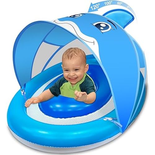 Dolphin Baby Float with Canopy for Age 6-36 Months UPF 50+ Sun Protection Never Flip Over Dual Air Chambers Adjustable Safety Seat 4 Stage Adjustable Canopy Inflatable Swim Pool Float Toddler Infant
