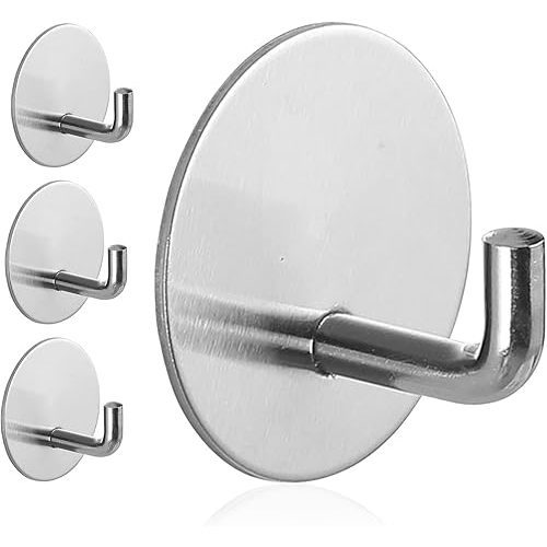 Adhesive Hooks Heavy Duty Waterproof in Shower Hooks for Hanging Loofah, Towels Clothes for Bathroom Removable Stainless Steel Brush Nickel Adhesive Wall Hooks 4 Pcs (Sliver)