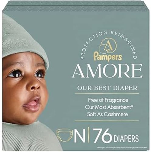 Pampers Amore, Size 0 (up to 10 lbs), 76 Count, Our Best Diaper – Hypoallergenic & Fragrance Free, Up to 100% Leakproof, Soft as Cashmere