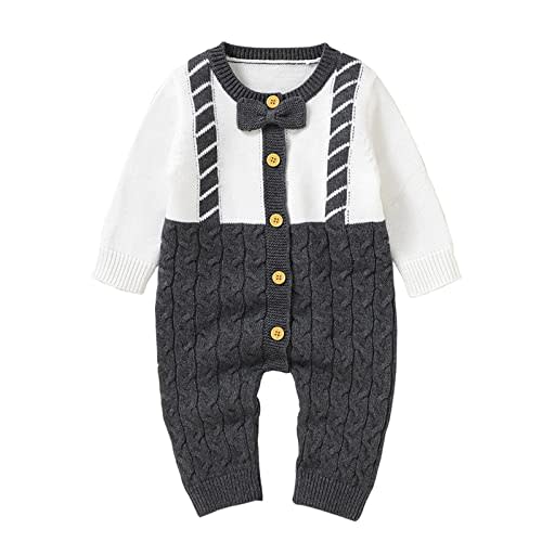 Newborn Infant Girls Colorblock Rompers Crewneck Bowknot Cable Knitted Jumpsuit Autumn Winter Warm Sweaters