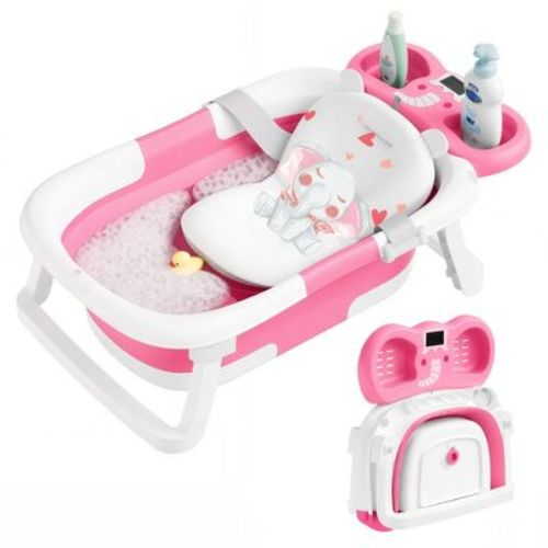 TUMAJUP Foldable Elephant Baby Bathtub for Infants and Toddlers with Soft Cushion and Thermometer-Light Pink