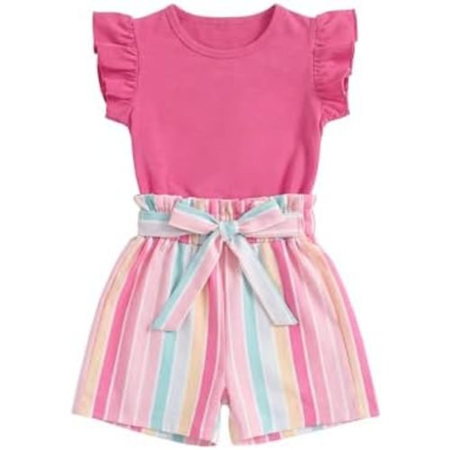 Girls 2 Piece Outfits Summer Ruffle Sleeve Top and High Waisted Striped Shorts Set for Girls 7-14