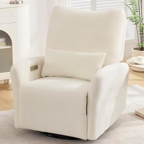 Korser Power Swivel Rocker Recliner Chair, Electric Nursery Rocking Chairs with USB & Type-C Ports, Upholstered 23" Wide Glider Chair with Lumbar Pillow for Living Room, Bedroom, Chenille, Beige
