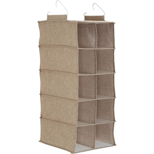 Household Essentials 10‑Pocket Hanging Shoe Organizer with Side‑by‑Side Canvas Storage and 2 Hooks for Support, Beige