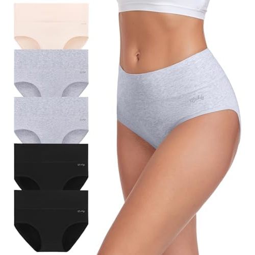 coskefy Women's High Waisted Cotton Underwear Soft Breathable Panties Stretch Briefs Ladies Panties 5 Pack