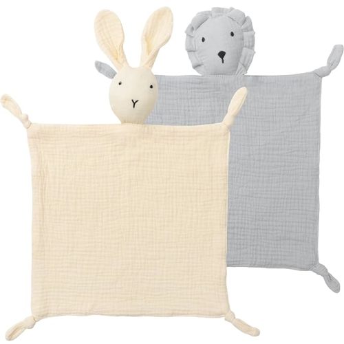 Premium Soft Muslin Cotton Newborn Baby Loveys Security Blanket Muslin Soft & Breathable, Bunny & Lion Lovies for Baby New Born Boy Girl Unisex Baby Unique Neutral Presents for Babies Newborn Toddler