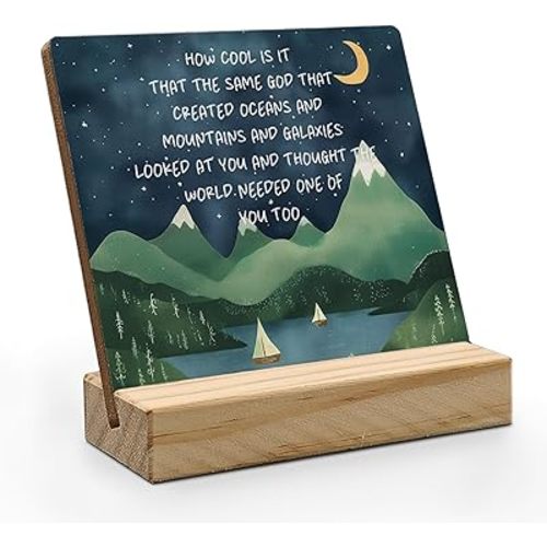 Inspirational Desk Decor, Mountain Moon Night Motivational Quote Wood Plaque, Positive How Cool is It That the Same God Wooden Plaque Sign with Wood Stand for Home Kids Room Nursery Decor